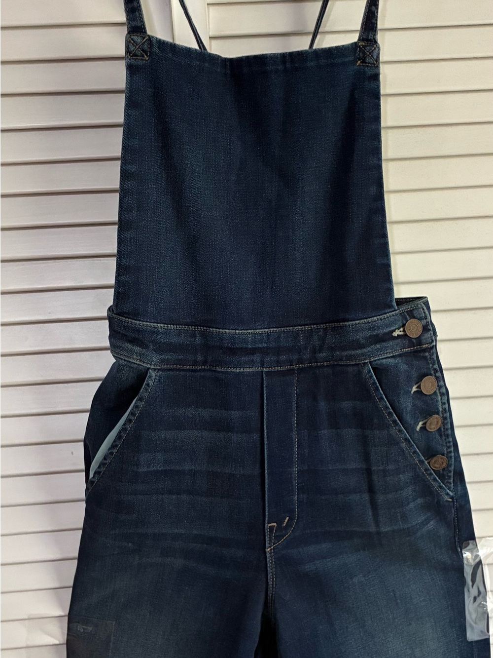 NWOT MOTHER Dark Blue Denim Flared Overalls with Cross-Back Straps